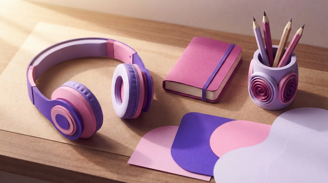 Geometrische Collage eines Headsets neben geschlossenem Notizbuch auf einem Tisch