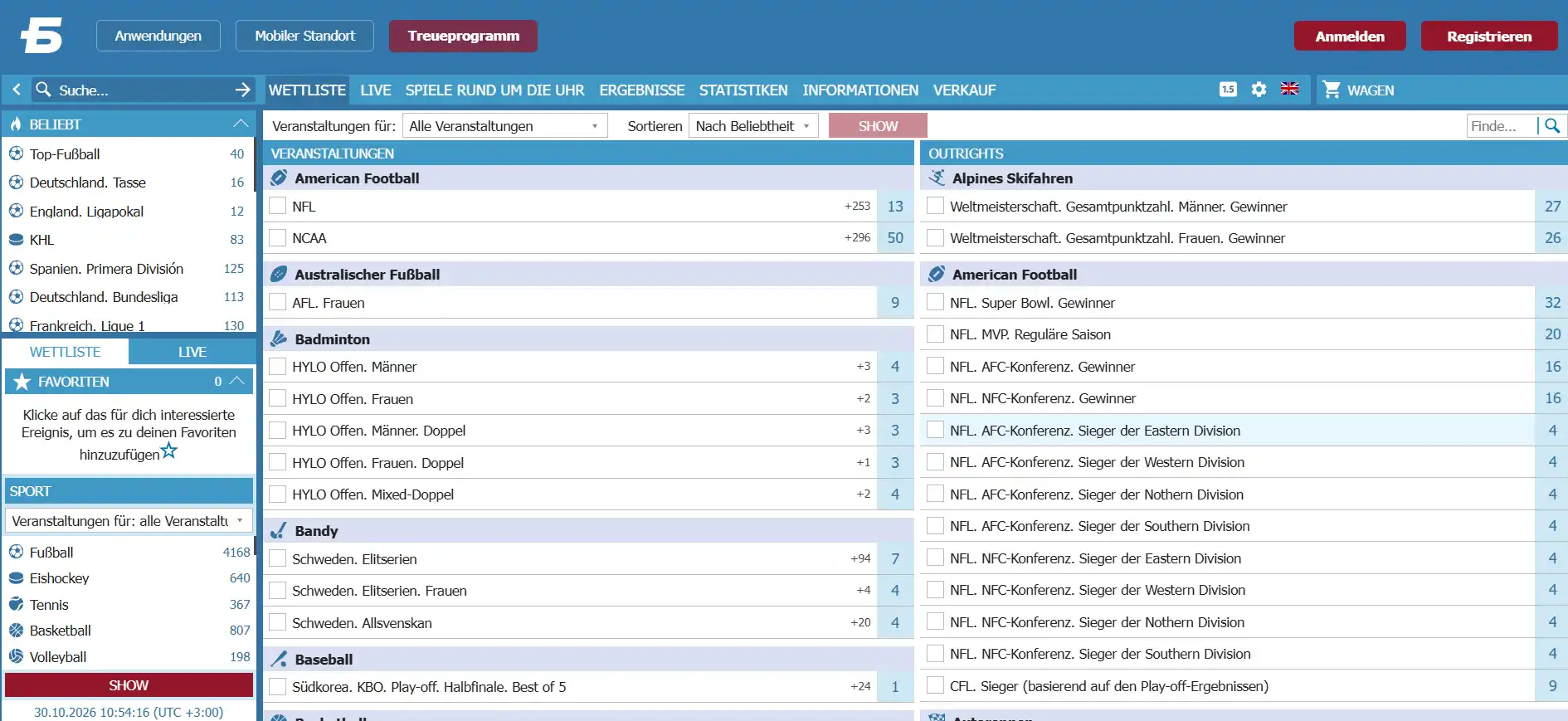 Sportbereiche und Veranstaltungsnavigation im Wettportal von BETCITY