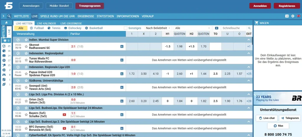 Live-Sportbereich von BETCITY mit Auswahl für laufende Sportereignisse