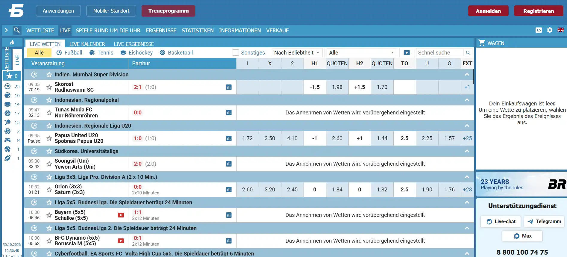 Live-Sportbereich von BETCITY mit Auswahl für laufende Sportereignisse