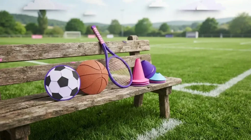 Fußball und weitere Sportgeräte auf einer Holzbank an einem Spielfeld
