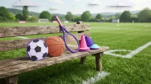 Fußball und weitere Sportgeräte auf einer Holzbank an einem Spielfeld